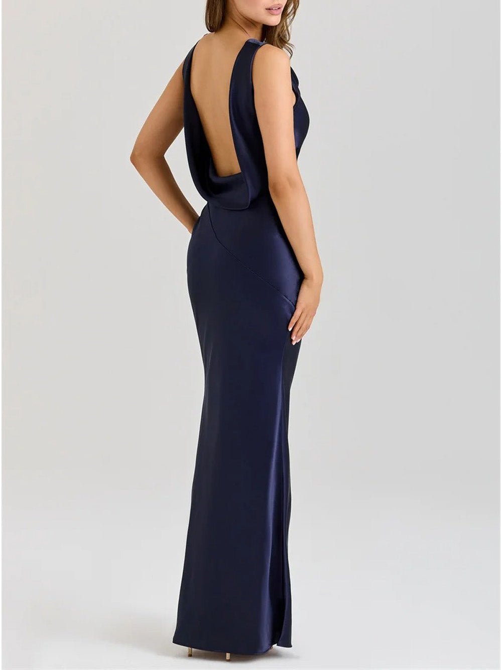 Blue Satin Cowl Neck Cross Panel Seam Mermaid Maxi Dress