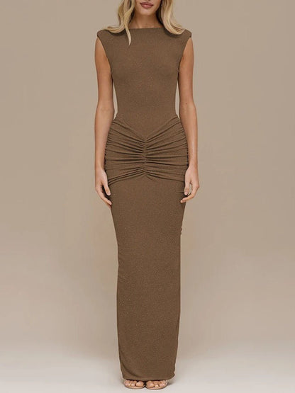 Brown Glitter Knit Boat Neck Sleeveless Ruched Waist Column Maxi Dress