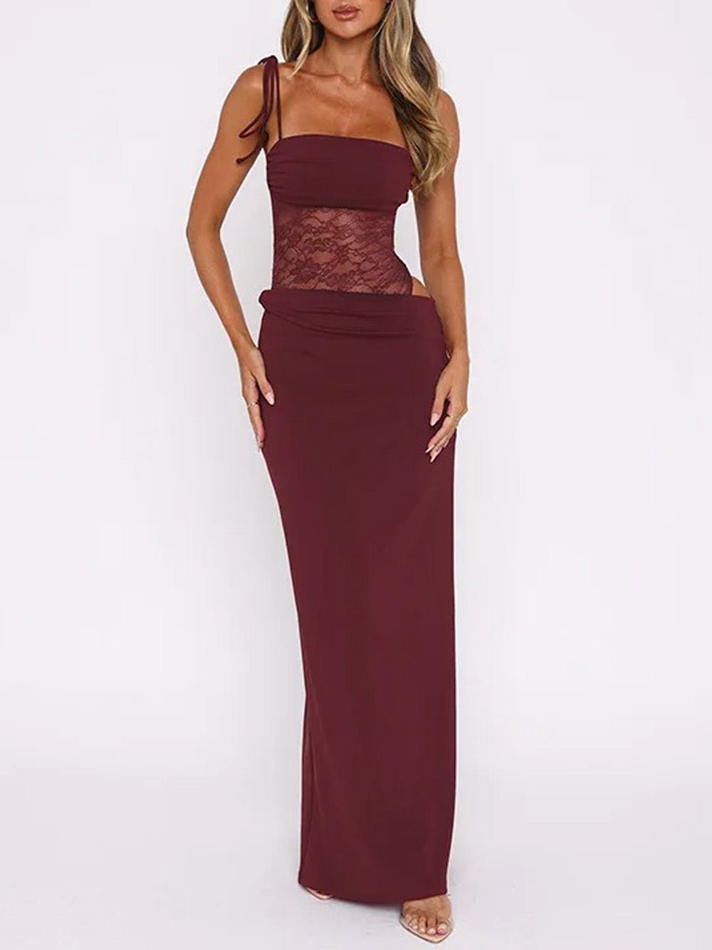 Red Lace Corset Spaghetti Strap Square Neck Cut Out Bodycon Maxi Dress