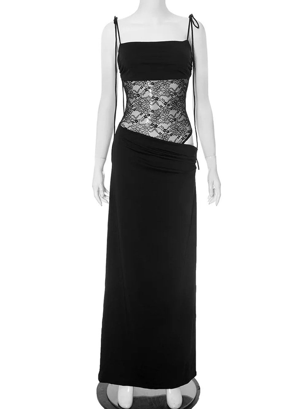 Black Lace Corset Spaghetti Strap Square Neck Cut Out Bodycon Maxi Dress