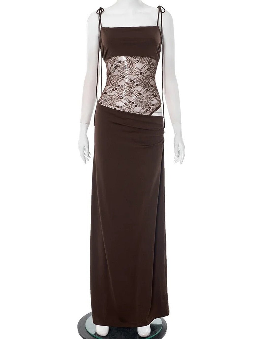Brown Lace Corset Spaghetti Strap Square Neck Cut Out Bodycon Maxi Dress