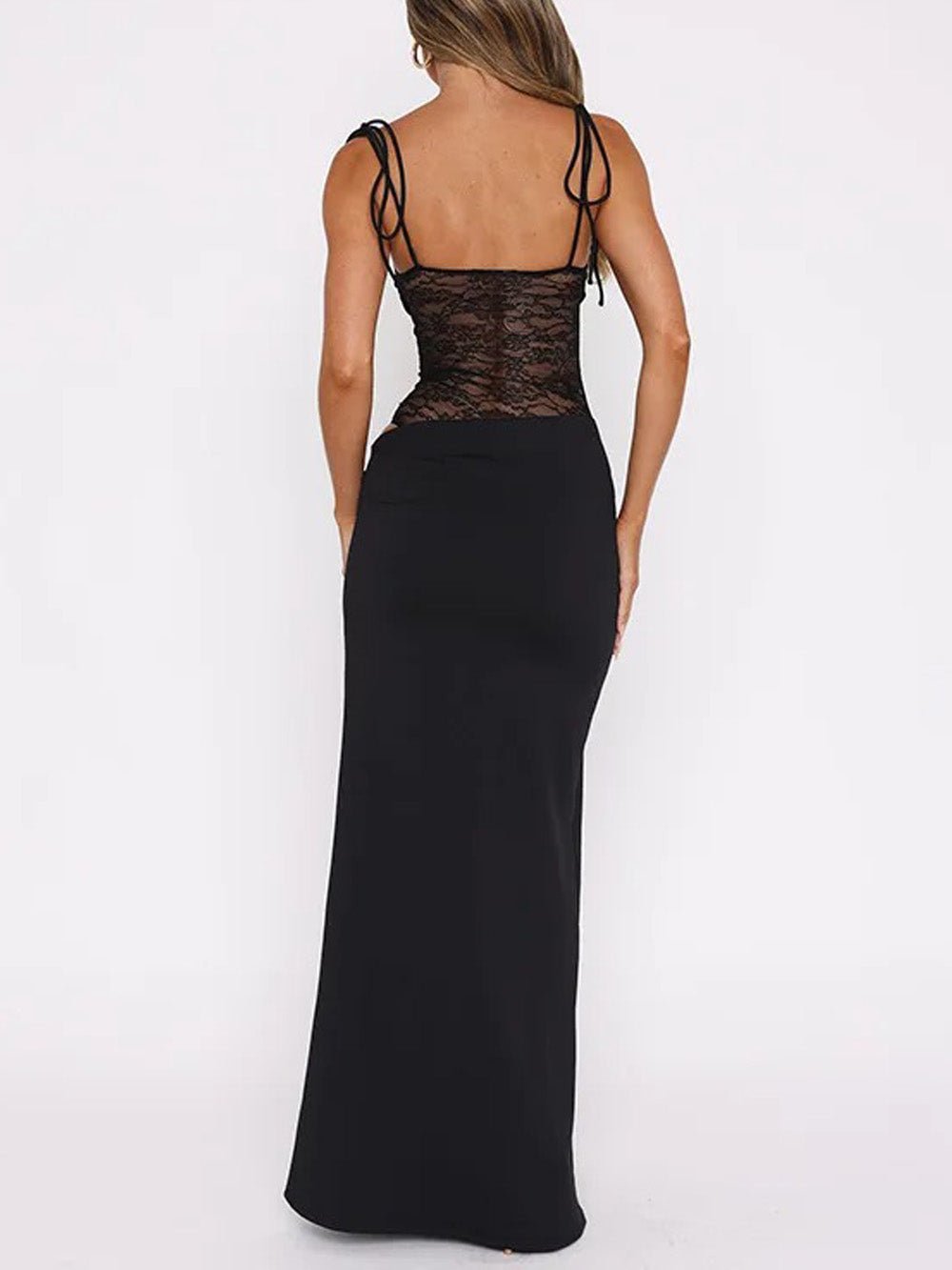Black Lace Corset Spaghetti Strap Square Neck Cut Out Bodycon Maxi Dress
