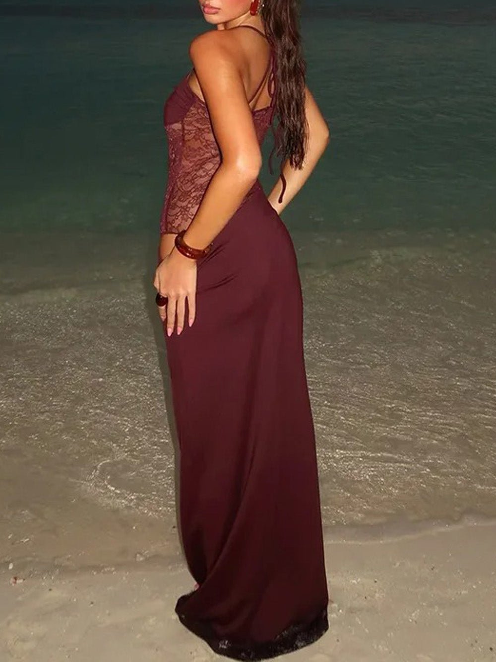 Red Lace Corset Spaghetti Strap Square Neck Cut Out Bodycon Maxi Dress
