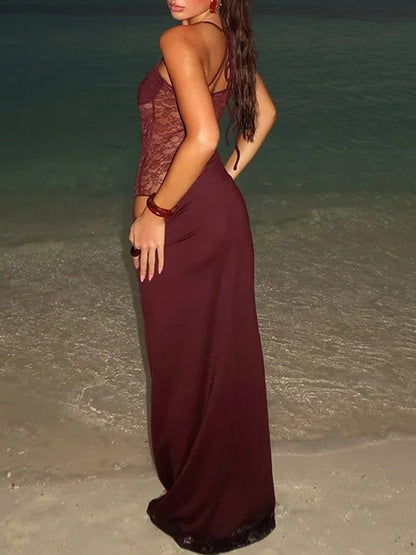 Red Lace Corset Spaghetti Strap Square Neck Cut Out Bodycon Maxi Dress