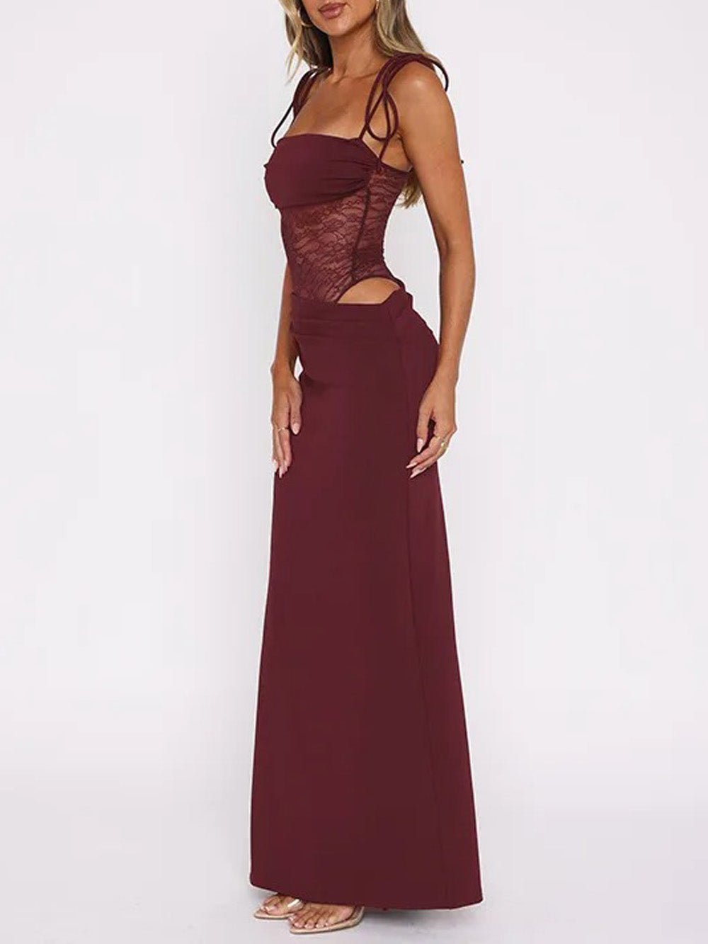 Red Lace Corset Spaghetti Strap Square Neck Cut Out Bodycon Maxi Dress