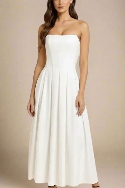 Pearl White Strapless Princess Seam Box Pleat A-Line Maxi Dress