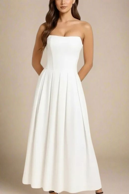 Pearl White Strapless Princess Seam Box Pleat A-Line Maxi Dress