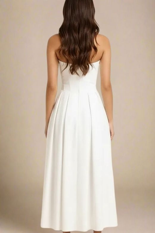 Pearl White Strapless Princess Seam Box Pleat A-Line Maxi Dress