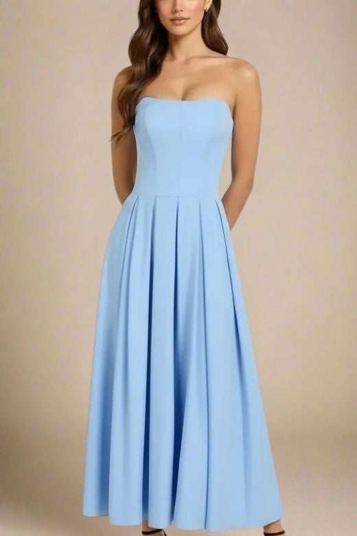 Sky Blue Strapless Princess Seam Box Pleat A-Line Maxi Dress