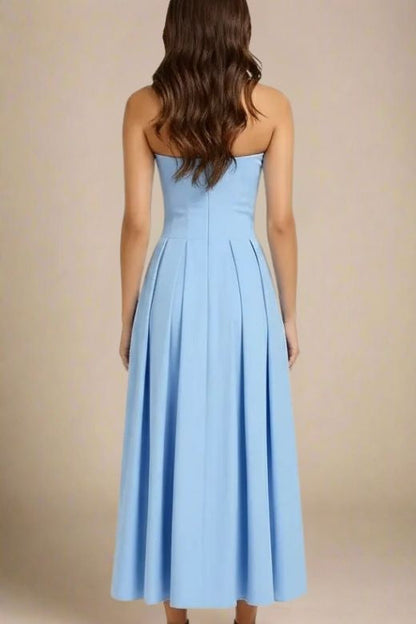 Sky Blue Strapless Princess Seam Box Pleat A-Line Maxi Dress