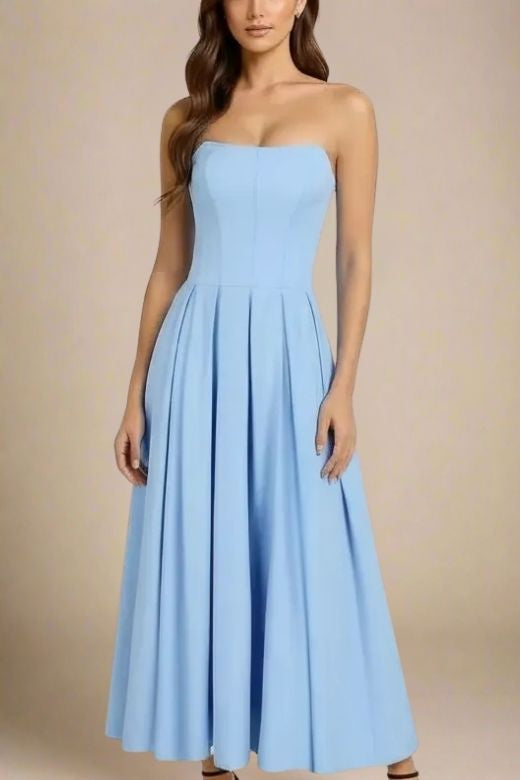 Sky Blue Strapless Princess Seam Box Pleat A-Line Maxi Dress