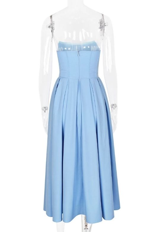 Sky Blue Strapless Princess Seam Box Pleat A-Line Maxi Dress