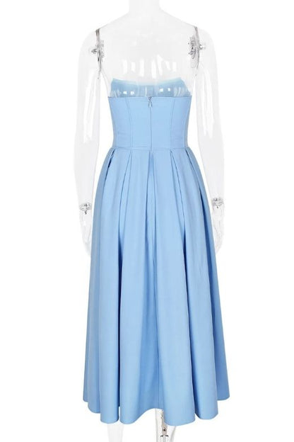Sky Blue Strapless Princess Seam Box Pleat A-Line Maxi Dress
