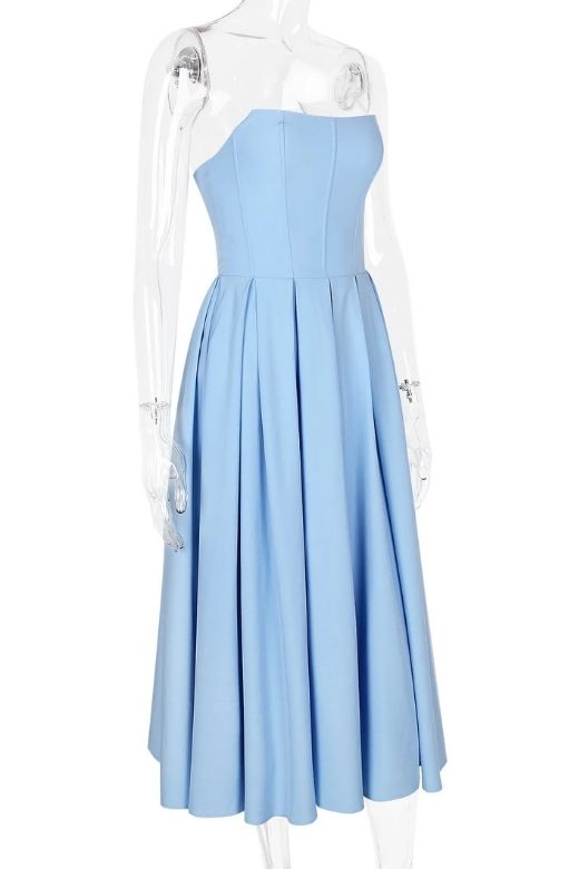 Sky Blue Strapless Princess Seam Box Pleat A-Line Maxi Dress