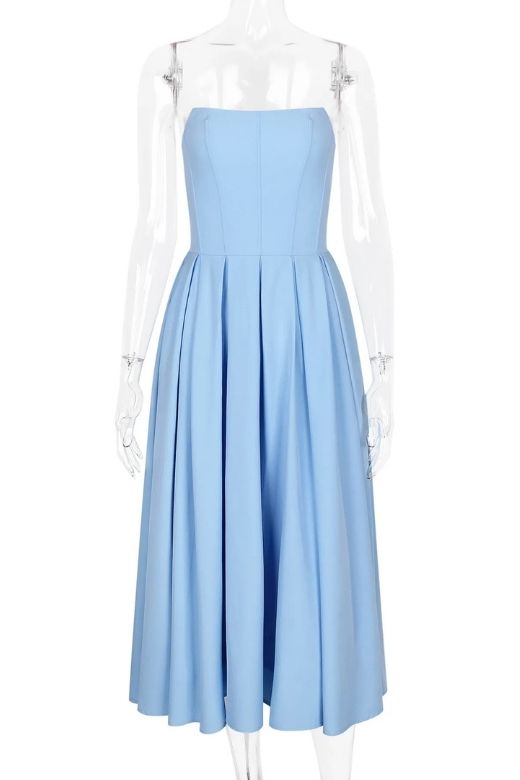 Sky Blue Strapless Princess Seam Box Pleat A-Line Maxi Dress