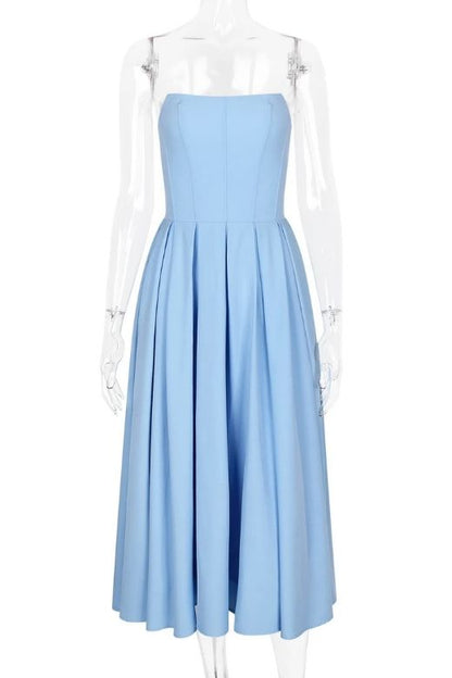 Sky Blue Strapless Princess Seam Box Pleat A-Line Maxi Dress