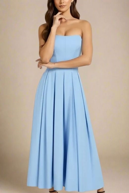 Sky Blue Strapless Princess Seam Box Pleat A-Line Maxi Dress