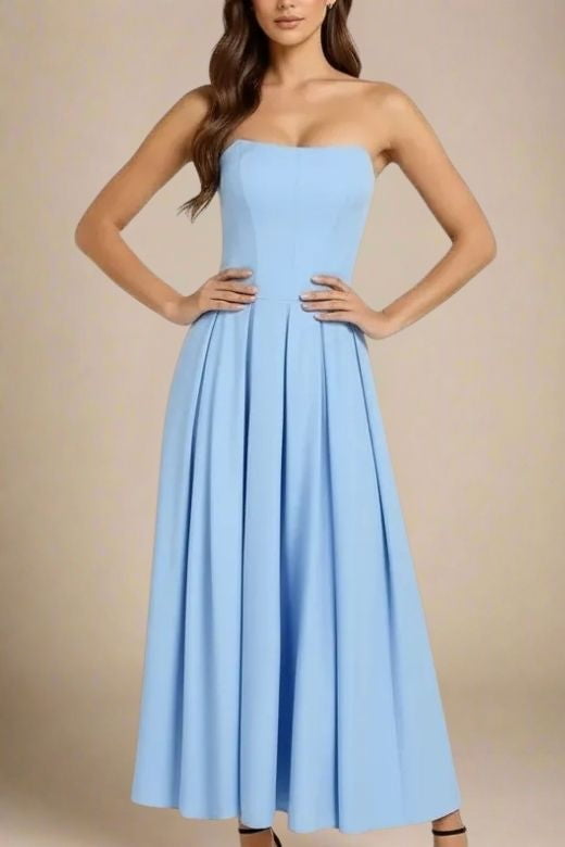 Sky Blue Strapless Princess Seam Box Pleat A-Line Maxi Dress