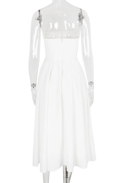 Pearl White Strapless Princess Seam Box Pleat A-Line Maxi Dress