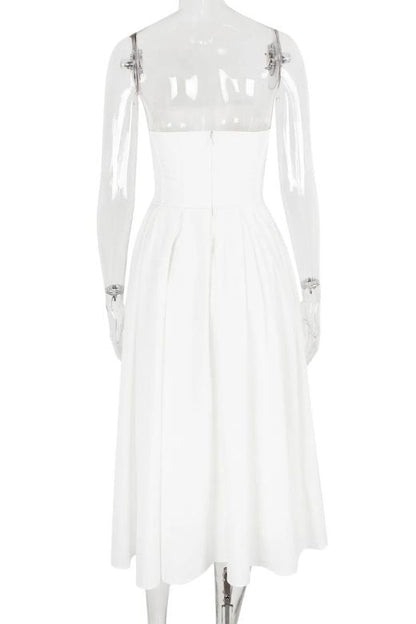 Pearl White Strapless Princess Seam Box Pleat A-Line Maxi Dress