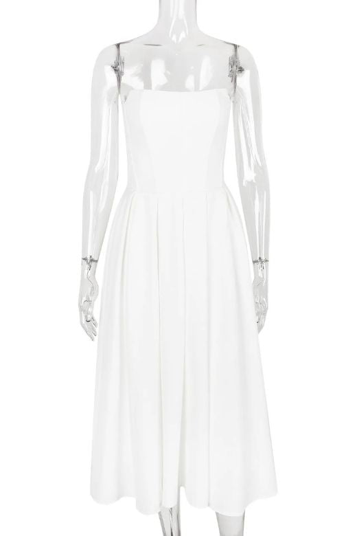Pearl White Strapless Princess Seam Box Pleat A-Line Maxi Dress