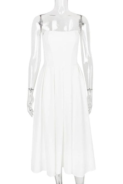 Pearl White Strapless Princess Seam Box Pleat A-Line Maxi Dress