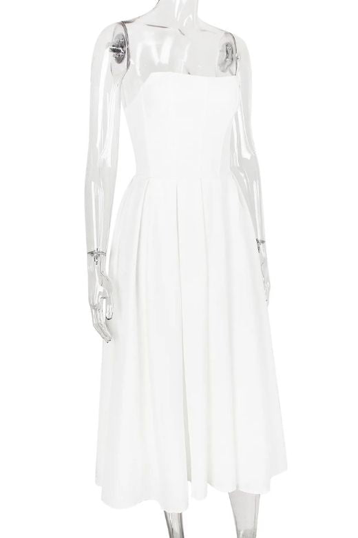 Pearl White Strapless Princess Seam Box Pleat A-Line Maxi Dress