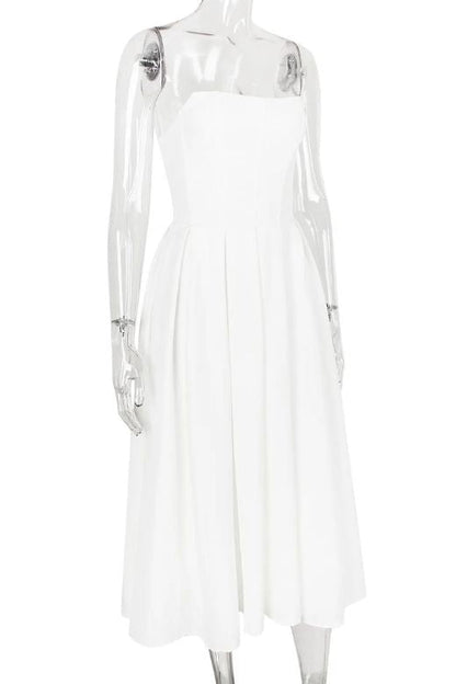 Pearl White Strapless Princess Seam Box Pleat A-Line Maxi Dress