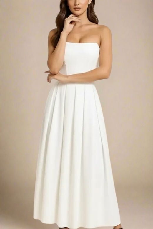 Pearl White Strapless Princess Seam Box Pleat A-Line Maxi Dress