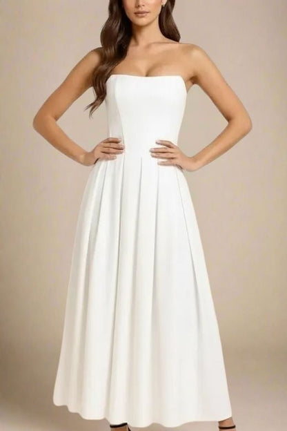 Pearl White Strapless Princess Seam Box Pleat A-Line Maxi Dress