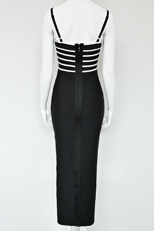 Classic Black Square Neck Spaghetti Strap Scalloped Bodice Bandage Midi Dress