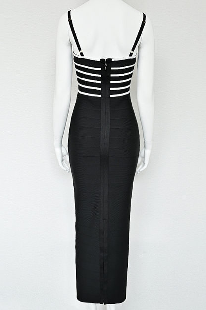 Classic Black Square Neck Spaghetti Strap Scalloped Bodice Bandage Midi Dress