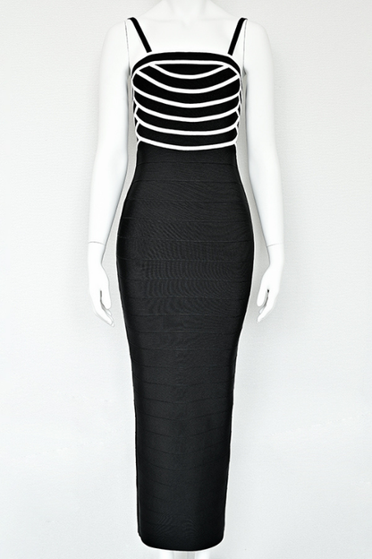 Classic Black Square Neck Spaghetti Strap Scalloped Bodice Bandage Midi Dress