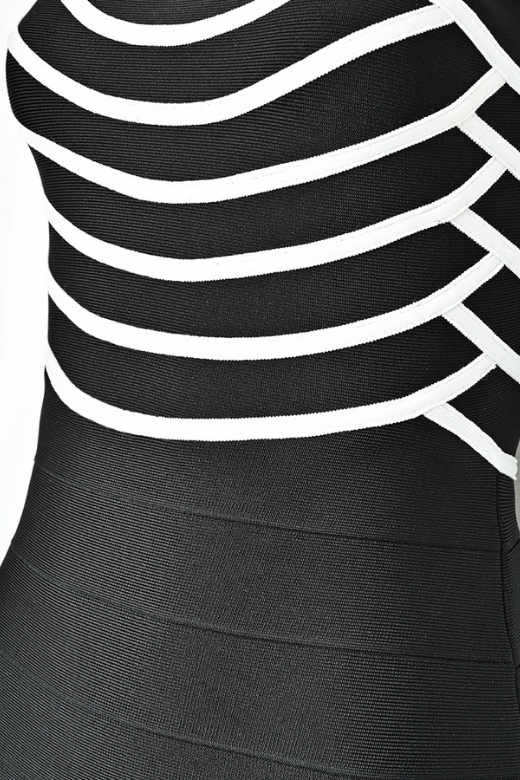 Classic Black Square Neck Spaghetti Strap Scalloped Bodice Bandage Midi Dress
