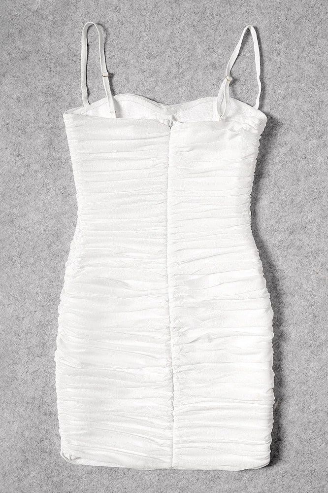 Pearl White Square Neck Spaghetti Strap All Over Ruched Bodycon Mini Dress