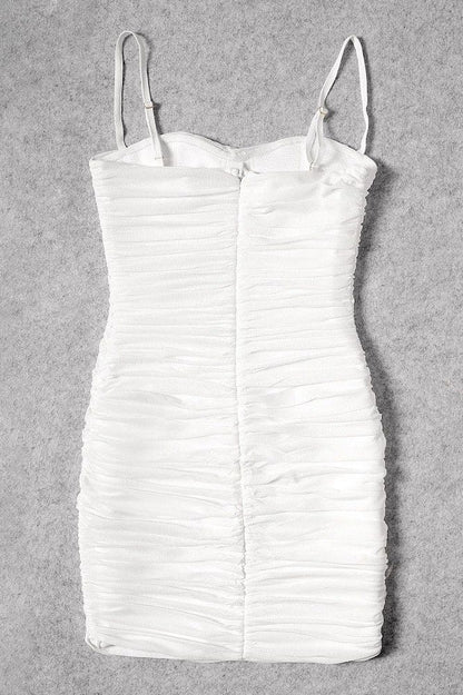 Pearl White Square Neck Spaghetti Strap All Over Ruched Bodycon Mini Dress