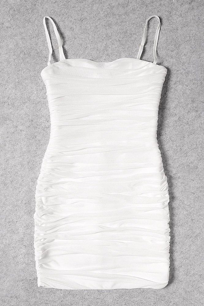 Pearl White Square Neck Spaghetti Strap All Over Ruched Bodycon Mini Dress