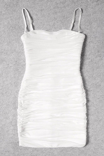 Pearl White All Over Ruched Bodycon Mini Dress
