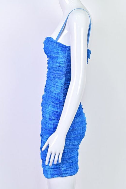 Royal Blue All Over Ruched Bodycon Mini Dress