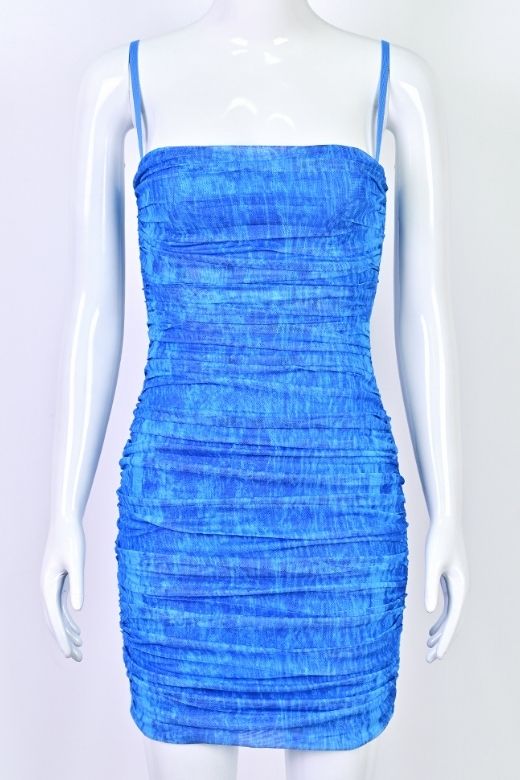 Royal Blue All Over Ruched Bodycon Mini Dress