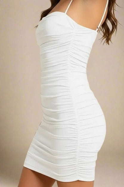 Pearl White All Over Ruched Bodycon Mini Dress