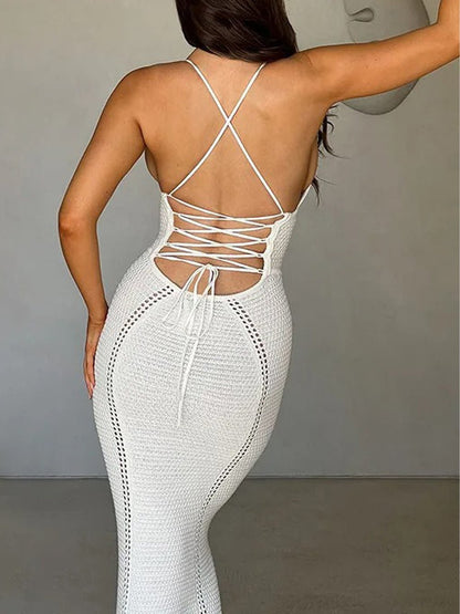 Crochet Halter Neck Corset Panel Cut Out Column Maxi Dress