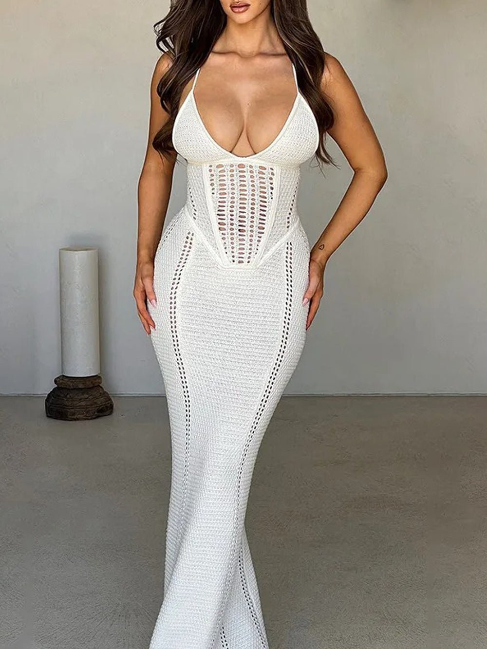 Crochet Halter Neck Corset Panel Cut Out Column Maxi Dress