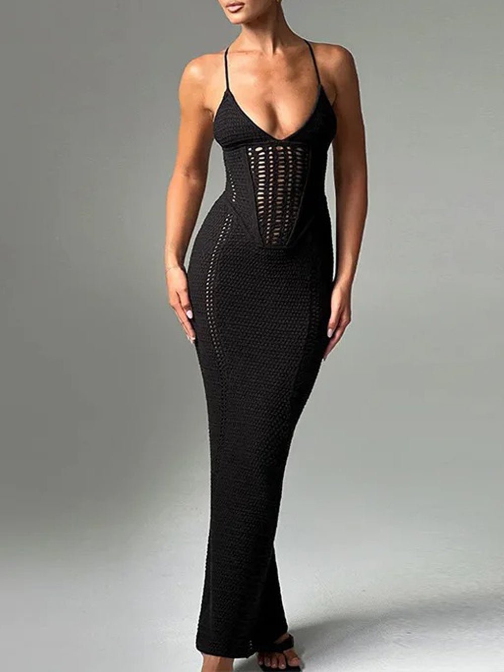 Crochet Halter Neck Corset Panel Cut Out Column Maxi Dress
