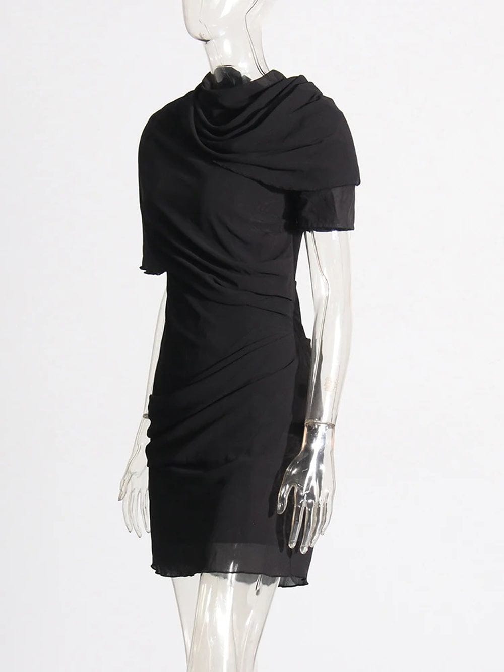 Mock Neck Cape Overlay Ruched Bodycon Mini Dress