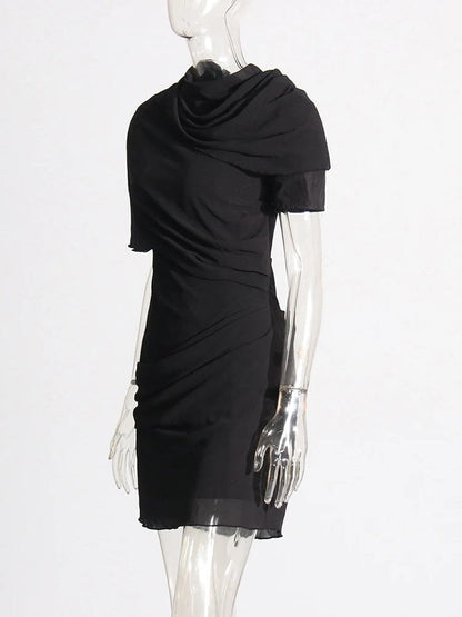 Mock Neck Cape Overlay Ruched Bodycon Mini Dress
