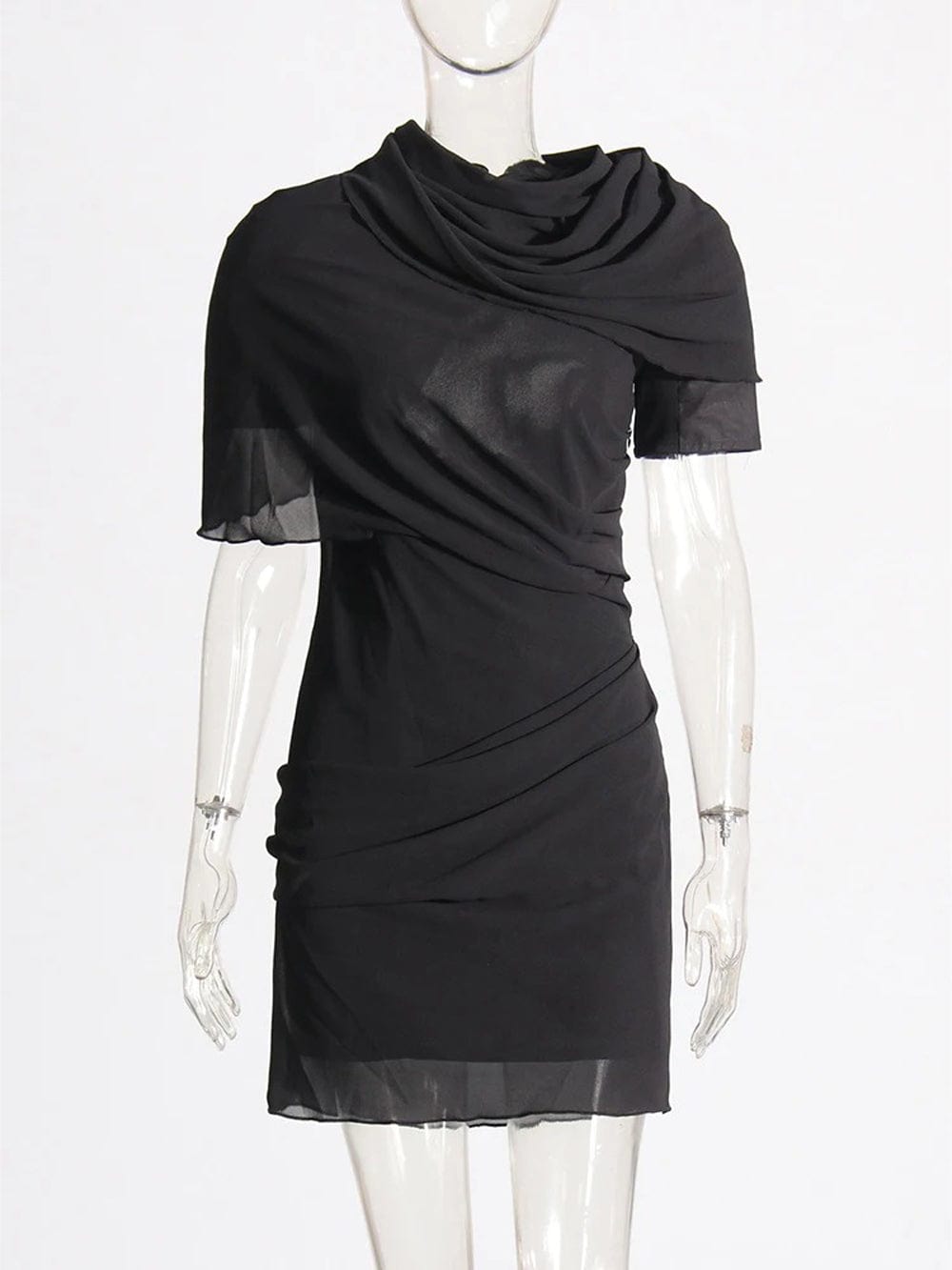 Mock Neck Cape Overlay Ruched Bodycon Mini Dress