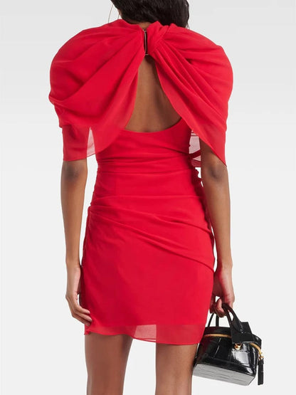 Mock Neck Cape Overlay Ruched Bodycon Mini Dress