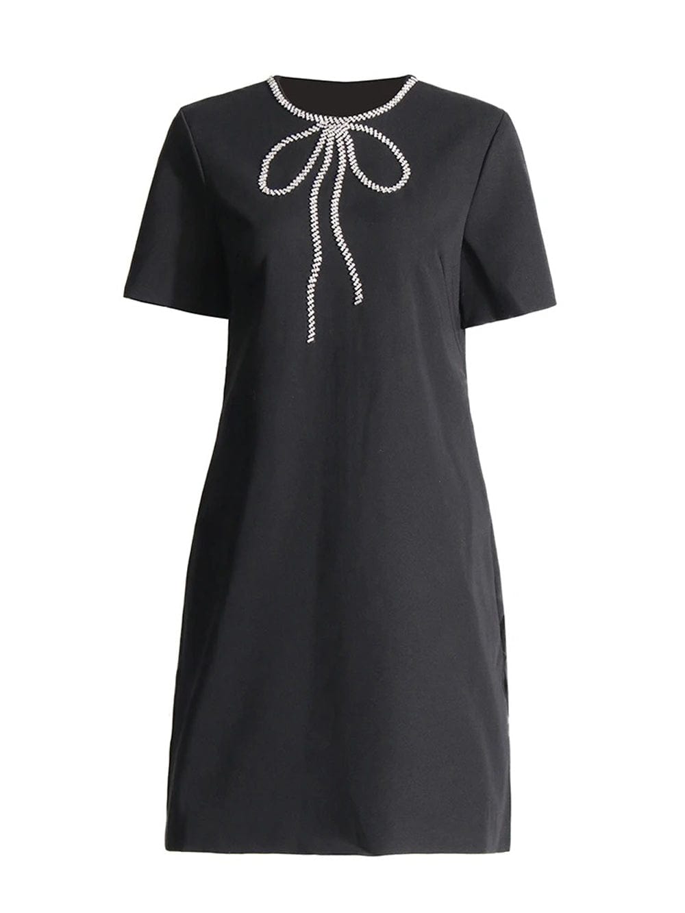Rhinestone Bow Trim Crew Neck Short Sleeve Shift Mini Dress
