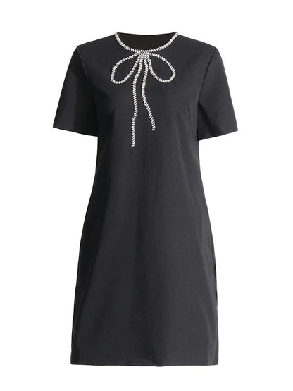 Rhinestone Bow Trim Crew Neck Short Sleeve Shift Mini Dress